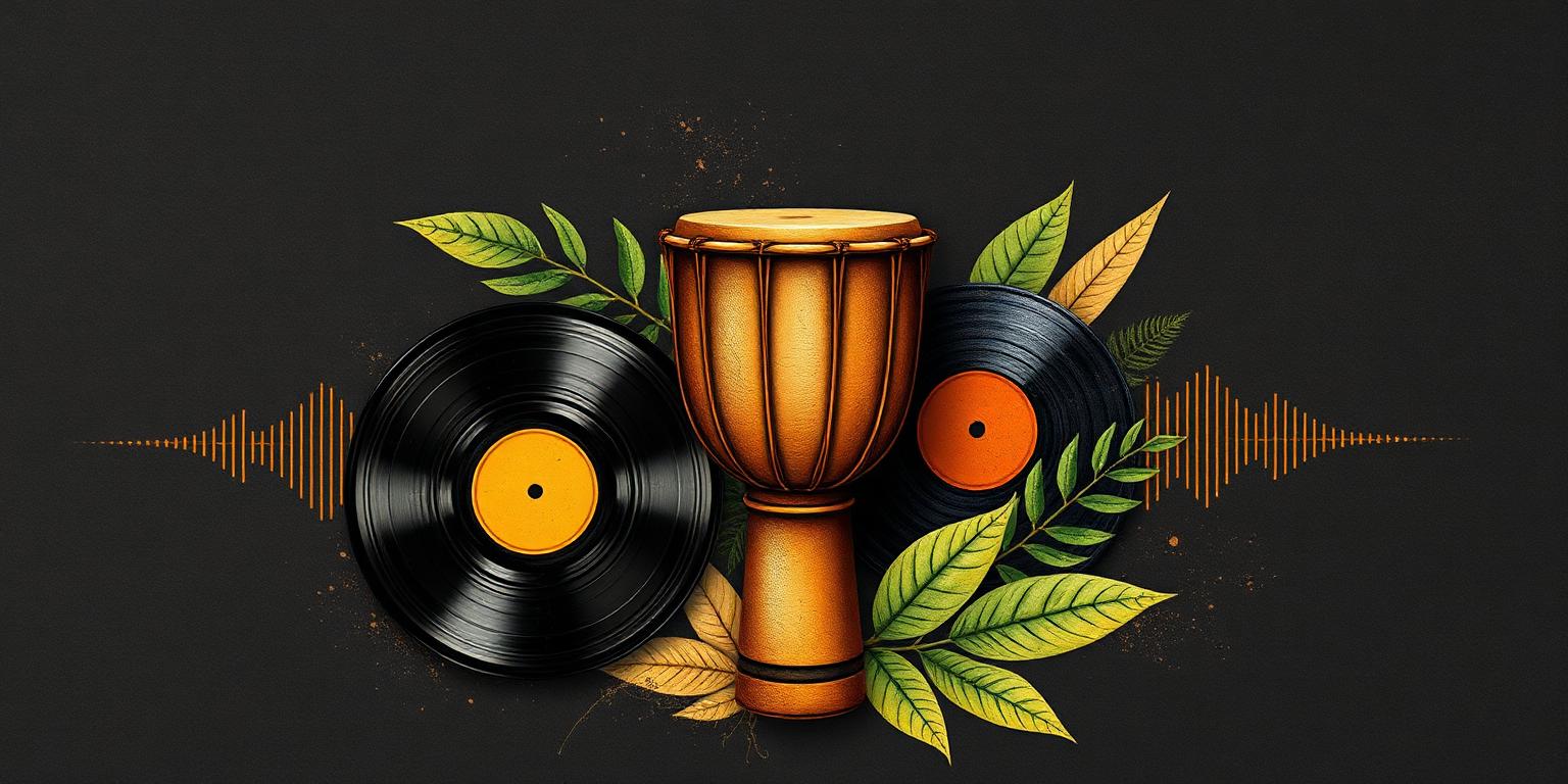 Talking drum, vinyl records and tropical leaves collage